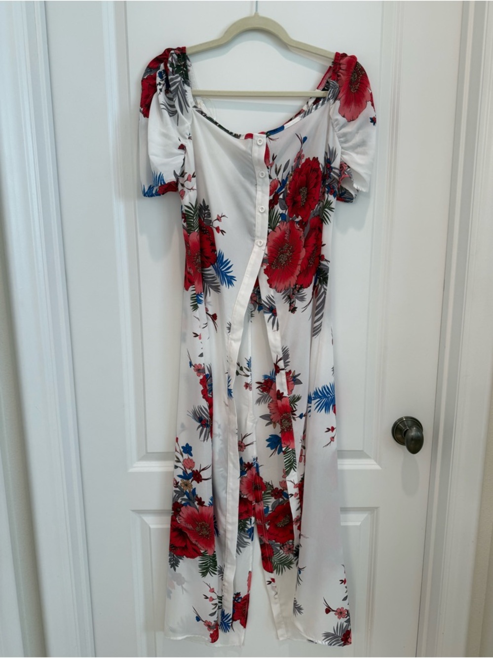 White Floral Button-Front Open Maxi Dress with Red Blooms-NWOT